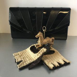 Black Patent Leather Structured Envelope Clutch Bag Vintage 70s Accessory